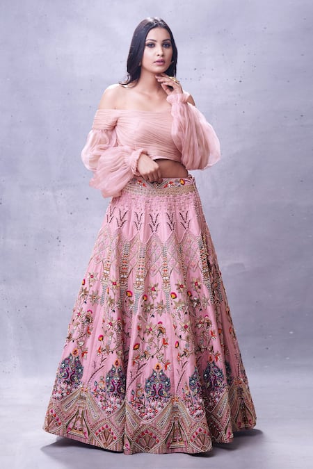 Shop Aman Takyar Pink Georgette, Dupion Silk One Shoulder Ruffle Blouse And Lehenga Set at Aza Fashions Shop_Aman Takyar_Pink Georgette, Dupion Silk One Shoulder Ruffle Blouse And Lehenga Set _at_Aza_Fashions