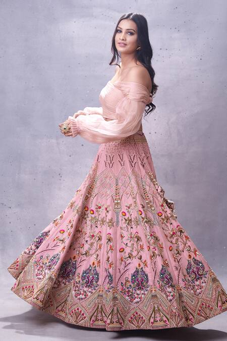 Aman Takyar Pink Georgette, Dupion Silk One Shoulder Ruffle Blouse And Lehenga Set Online at Aza Fashions Aman Takyar_Pink Georgette, Dupion Silk One Shoulder Ruffle Blouse And Lehenga Set _Online_at_Aza_Fashions