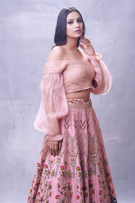 Buy Aman Takyar Pink Georgette, Dupion Silk One Shoulder Ruffle Blouse And Lehenga Set Online at Aza Fashions Buy_Aman Takyar_Pink Georgette, Dupion Silk One Shoulder Ruffle Blouse And Lehenga Set _Online_at_Aza_Fashions