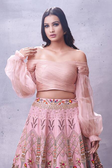 Shop Aman Takyar Pink Georgette, Dupion Silk One Shoulder Ruffle Blouse And Lehenga Set Online at Aza Fashions Shop_Aman Takyar_Pink Georgette, Dupion Silk One Shoulder Ruffle Blouse And Lehenga Set _Online_at_Aza_Fashions