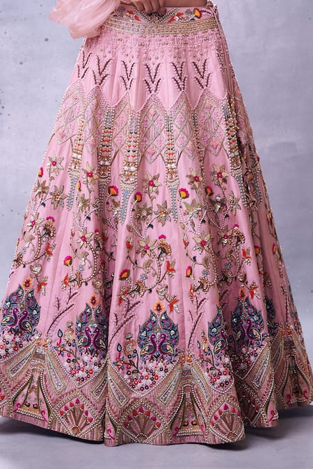 Aman Takyar Pink Georgette, Dupion Silk One Shoulder Ruffle Blouse And Lehenga Set at Aza Fashions Aman Takyar_Pink Georgette, Dupion Silk One Shoulder Ruffle Blouse And Lehenga Set _at_Aza_Fashions