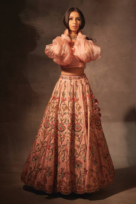 Aman Takyar Pink Georgette, Dupion Silk One Shoulder Ruffle Blouse And Lehenga Set Online at Aza Fashions Aman Takyar_Pink Georgette, Dupion Silk One Shoulder Ruffle Blouse And Lehenga Set _Online_at_Aza_Fashions