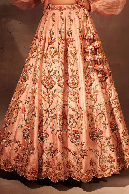 Aman Takyar Pink Georgette, Dupion Silk One Shoulder Ruffle Blouse And Lehenga Set at Aza Fashions Aman Takyar_Pink Georgette, Dupion Silk One Shoulder Ruffle Blouse And Lehenga Set _at_Aza_Fashions