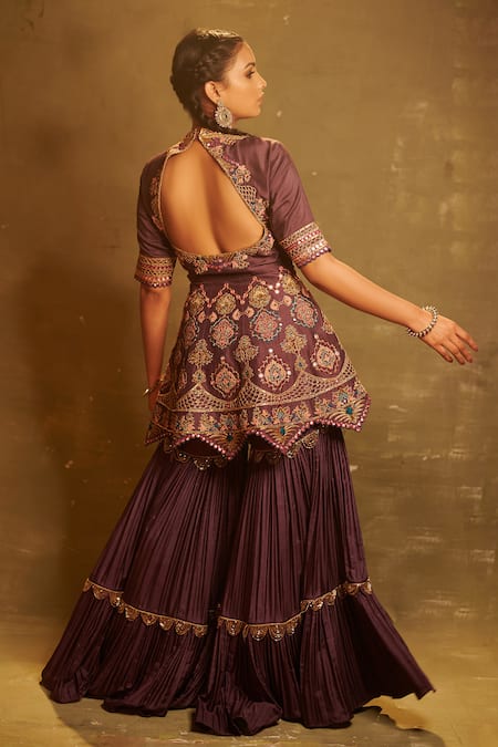 Shop Aman Takyar Purple Georgette, Dupion Silk Band Embroidered Kurta And Sharara at Aza Fashions Shop_Aman Takyar_Purple Georgette, Dupion Silk Band Embroidered Kurta And Sharara _at_Aza_Fashions