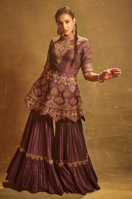 Aman Takyar_Purple Georgette, Dupion Silk Band Embroidered Kurta And Sharara _Online_at_Aza_Fashions