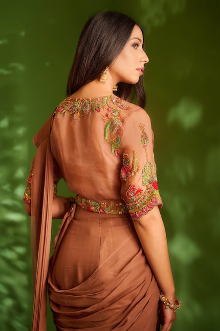 Shop Aman Takyar Brown Georgette Sequin, Aari, Dabka And Mukaish, Pre-draped Saree With Blouse at Aza Fashions Shop_Aman Takyar_Brown Georgette Sequin, Aari, Dabka And Mukaish, Pre-draped Saree With Blouse_at_Aza_Fashions