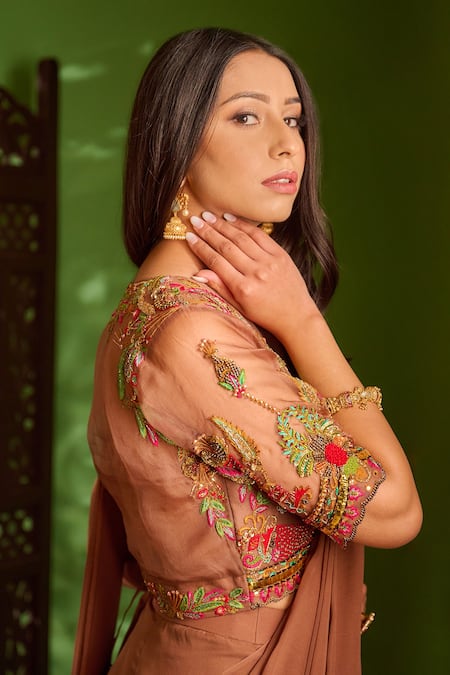 Buy Aman Takyar Brown Georgette Sequin, Aari, Dabka And Mukaish, Pre-draped Saree With Blouse Online at Aza Fashions Buy_Aman Takyar_Brown Georgette Sequin, Aari, Dabka And Mukaish, Pre-draped Saree With Blouse_Online_at_Aza_Fashions