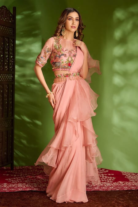 Aman Takyar_Pink Georgette And Organza Sequin, Aari, Dabka & Pre-draped Saree With Blouse _Online_at_Aza_Fashions