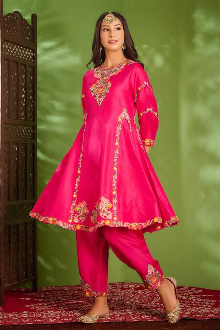 Buy_Aman Takyar_Pink Dupion Silk And Organza Sequin, Dabka & Zardozi Round Anarkali Set _Online_at_Aza_Fashions