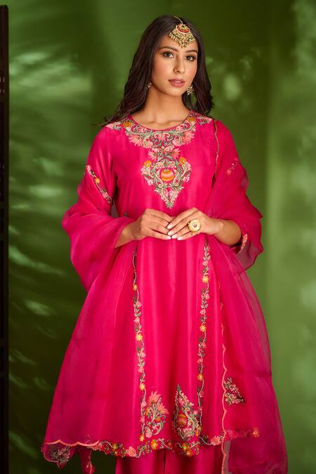 Shop_Aman Takyar_Pink Dupion Silk And Organza Sequin, Dabka & Zardozi Round Anarkali Set _Online_at_Aza_Fashions