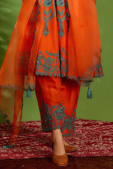 Aman Takyar_Orange Dupion Silk And Organza Thread & Sequin V Neck Anarkali Set _at_Aza_Fashions