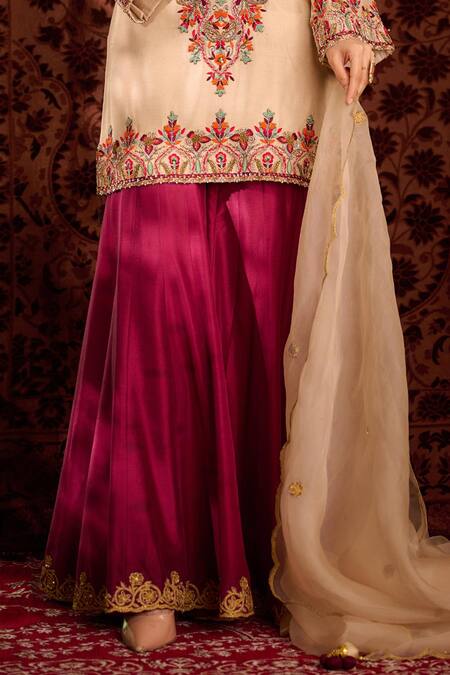 Shop_Aman Takyar_Off White Dupion Silk And Organza Mirror Work, Resham, Sequin, Kurta & Sharara Set _Online_at_Aza_Fashions