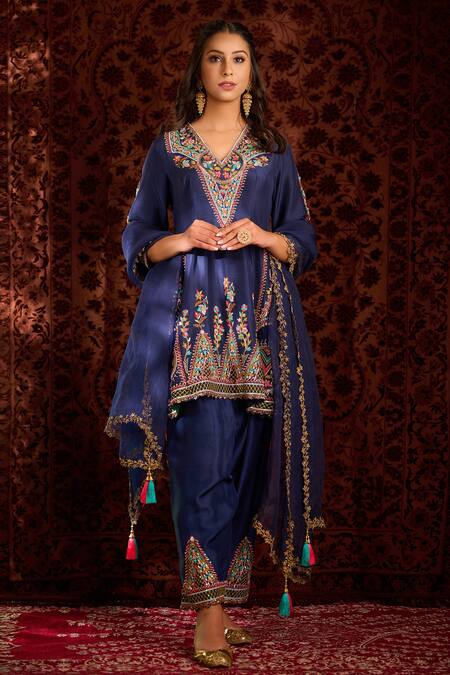Aman Takyar Blue Dupion Silk And Organza Mirror Work, Resham, Sequin, Dabka & Anarkali Set 