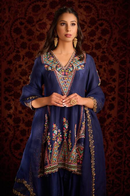 Buy_Aman Takyar_Blue Dupion Silk And Organza Mirror Work, Resham, Sequin, Dabka & Anarkali Set _Online_at_Aza_Fashions