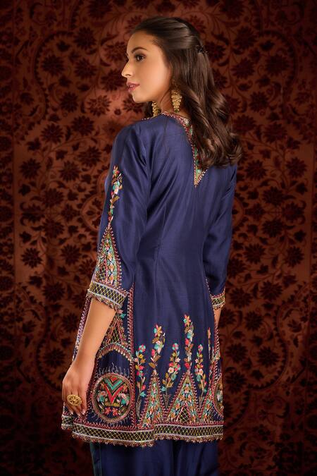 Shop_Aman Takyar_Blue Dupion Silk And Organza Mirror Work, Resham, Sequin, Dabka & Anarkali Set _Online_at_Aza_Fashions