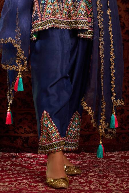 Aman Takyar_Blue Dupion Silk And Organza Mirror Work, Resham, Sequin, Dabka & Anarkali Set _at_Aza_Fashions
