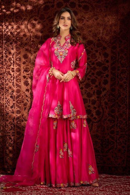 Aman Takyar Pink Dupion Silk And Organza Sequin, Dabka & Zardozi Band Kurta & Sharara Set 