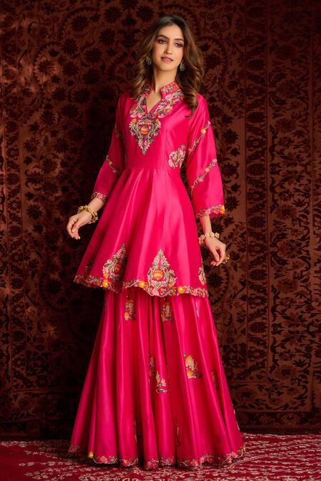 Aman Takyar_Pink Dupion Silk And Organza Sequin, Dabka & Zardozi Band Kurta & Sharara Set _Online_at_Aza_Fashions