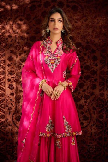 Buy_Aman Takyar_Pink Dupion Silk And Organza Sequin, Dabka & Zardozi Band Kurta & Sharara Set _Online_at_Aza_Fashions