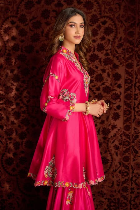 Shop_Aman Takyar_Pink Dupion Silk And Organza Sequin, Dabka & Zardozi Band Kurta & Sharara Set _Online_at_Aza_Fashions