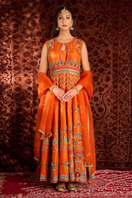 Aman Takyar Orange Dupion Silk And Organza Mirror Work, Sequin, Dabka & Zardozi Anarkali Set 