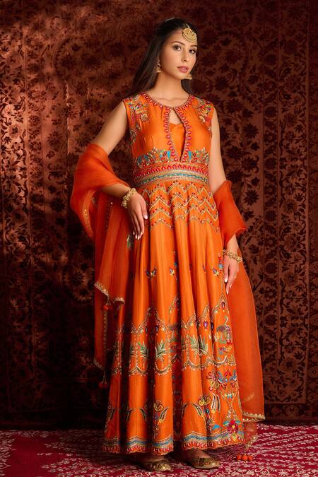 Aman Takyar_Orange Dupion Silk And Organza Mirror Work, Sequin, Dabka & Zardozi Anarkali Set _Online_at_Aza_Fashions