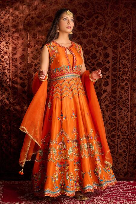 Buy_Aman Takyar_Orange Dupion Silk And Organza Mirror Work, Sequin, Dabka & Zardozi Anarkali Set _Online_at_Aza_Fashions