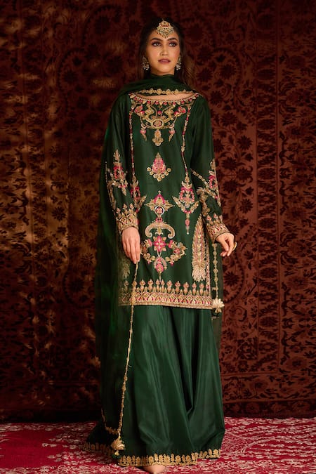 Aman Takyar Green Dupion Silk And Organza Mirror Work, Sequin, Dabka & Kurta & Sharara Set 