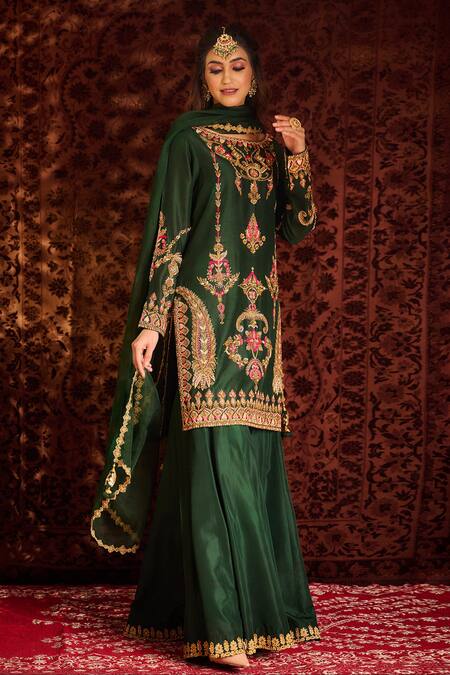 Aman Takyar_Green Dupion Silk And Organza Mirror Work, Sequin, Dabka & Kurta & Sharara Set _Online_at_Aza_Fashions