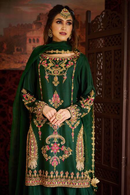 Buy_Aman Takyar_Green Dupion Silk And Organza Mirror Work, Sequin, Dabka & Kurta & Sharara Set _Online_at_Aza_Fashions
