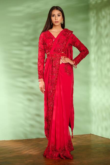 Aman Takyar_Red Georgette Sequin, Aari, Dabka And Zardozi V Neck Saree & Blouse Set _Online_at_Aza_Fashions