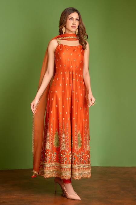 Aman Takyar_Orange Dupion Silk And Organza Mirror Work, Sequin, Dabka & Zardozi Anarkali Set _Online_at_Aza_Fashions