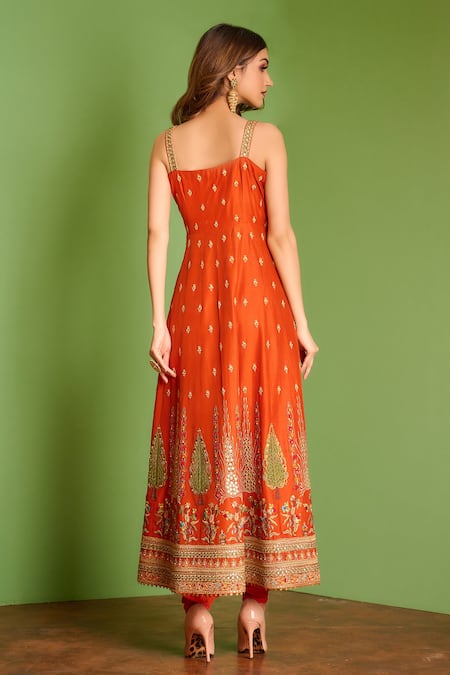 Shop_Aman Takyar_Orange Dupion Silk And Organza Mirror Work, Sequin, Dabka & Zardozi Anarkali Set _at_Aza_Fashions