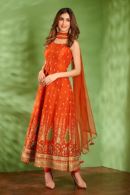 Aman Takyar Orange Dupion Silk And Organza Embroidery Mirror Work Round Anarkali Set 