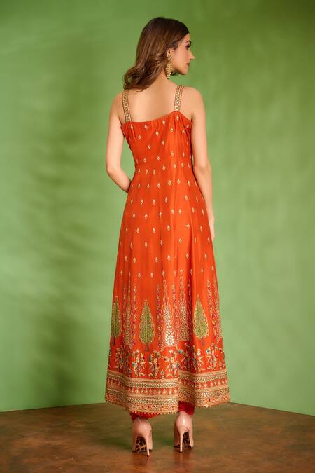 Buy_Aman Takyar_Orange Dupion Silk And Organza Mirror Work, Sequin, Dabka & Zardozi Anarkali Set _Online_at_Aza_Fashions
