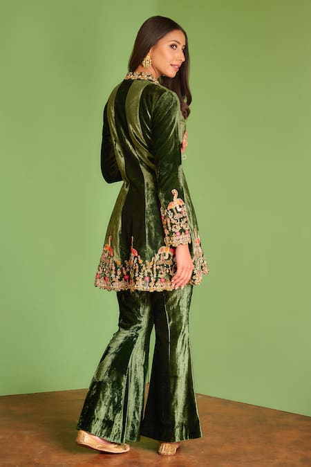 Shop Aman Takyar Green Velvet Mirror Work, Sequin, Dabka And Zardozi Band Jacket & Pant Set at Aza Fashions Shop_Aman Takyar_Green Velvet Mirror Work, Sequin, Dabka And Zardozi Band Jacket & Pant Set _at_Aza_Fashions