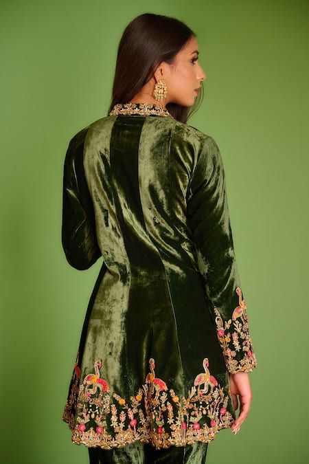 Shop Aman Takyar Green Velvet Mirror Work, Sequin, Dabka And Zardozi Band Jacket & Pant Set Online at Aza Fashions Shop_Aman Takyar_Green Velvet Mirror Work, Sequin, Dabka And Zardozi Band Jacket & Pant Set _Online_at_Aza_Fashions