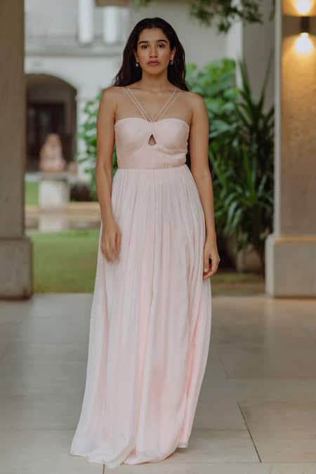 Pinup By Astha_Pink Flat Chiffon Plain Sweetheart Neck Amara Ruched Gown _Online_at_Aza_Fashions
