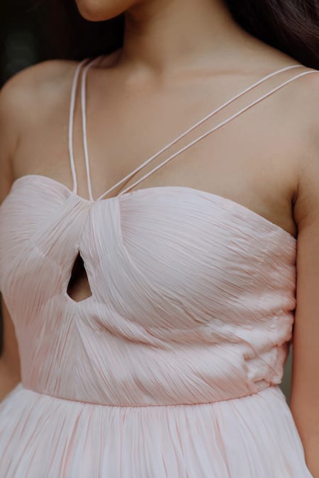 Buy_Pinup By Astha_Pink Flat Chiffon Plain Sweetheart Neck Amara Ruched Gown _Online_at_Aza_Fashions