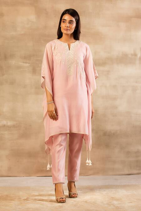 Buy Sana Barreja Pink Chanderi Silk Round Kaftan Kurta Set Online at Aza Fashions Buy_Sana Barreja_Pink Chanderi Silk Round Kaftan Kurta Set _Online_at_Aza_Fashions