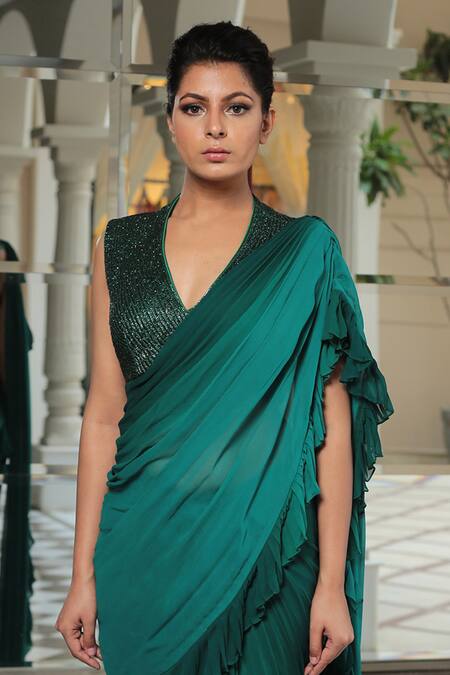 Buy Reynu Taandon Green Chanderi Silk V Neck Frill Pre-draped Saree Online at Aza Fashions Buy_Reynu Taandon_Green Chanderi Silk V Neck Frill Pre-draped Saree _Online_at_Aza_Fashions