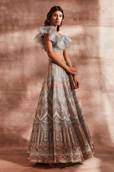 Studio Iris India_Grey Organza V Neck Bridal Lehenga Set _Online_at_Aza_Fashions