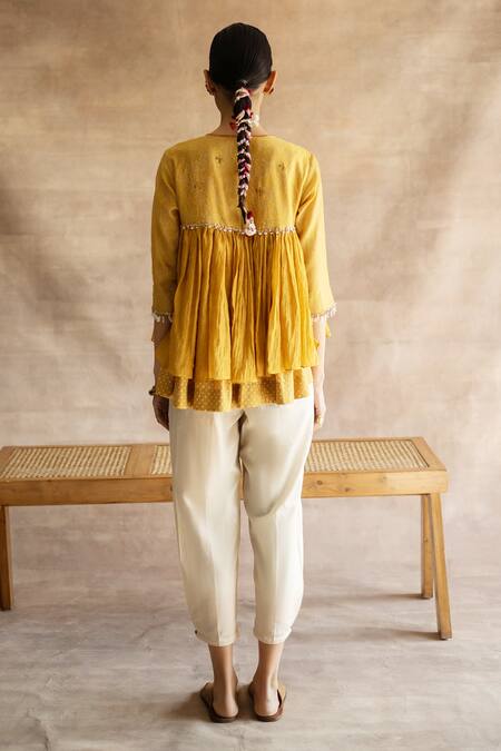 Mustard Yellow Cotton Silk Pleated Pants