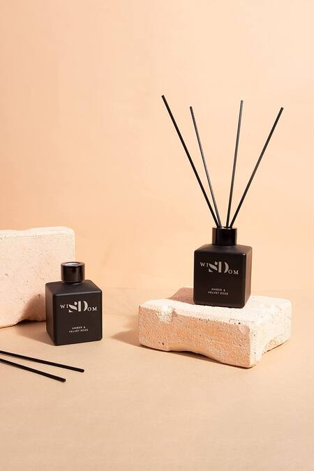 Buy_Wisdom Fragrances By Sheetal Desai_Black Amber And Velvet Rose Reed Diffuser Set Of 1_Online_at_Aza_Fashions