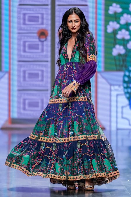 Buy_Limerick By Abirr N' Nanki_Purple Crepe Floral Plunge V Neck Amberg Pattern Tiered Dress _Online_at_Aza_Fashions