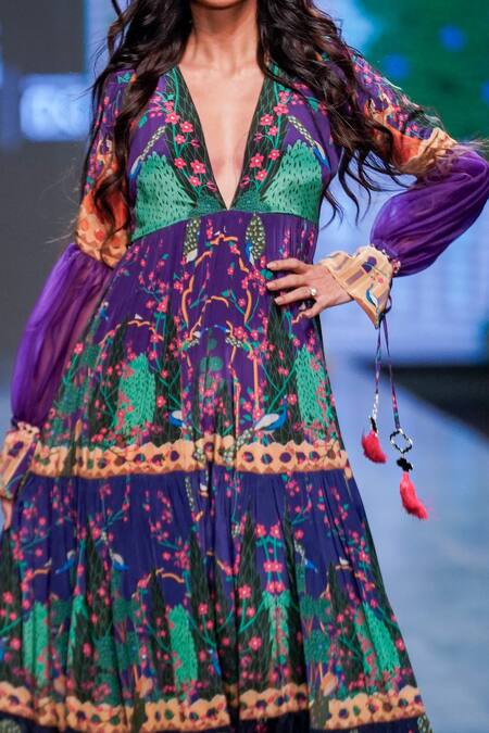 Shop_Limerick By Abirr N' Nanki_Purple Crepe Floral Plunge V Neck Amberg Pattern Tiered Dress _Online_at_Aza_Fashions