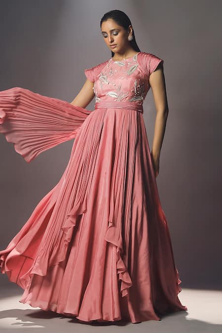 ISHA GUPTA TAYAL_Pink Silk, Net, Georgette Floral Motifs Round Layered Pleated Anarkali And Dupatta _Online_at_Aza_Fashions