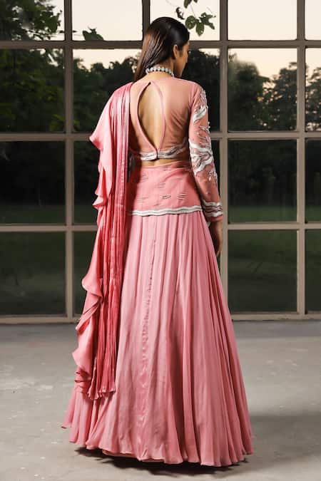 Shop_Isha Gupta Tayal_Pink Net, Chiffon Floral Motifs Round Pre-stitched Lehenga Saree With Blouse _at_Aza_Fashions
