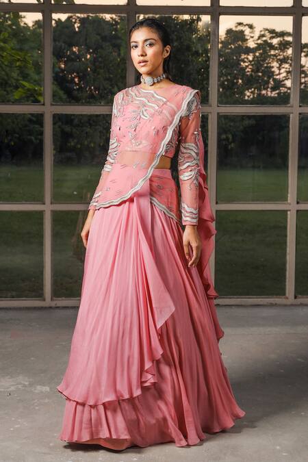 Isha Gupta Tayal_Pink Net, Chiffon Floral Motifs Round Pre-stitched Lehenga Saree With Blouse _Online_at_Aza_Fashions