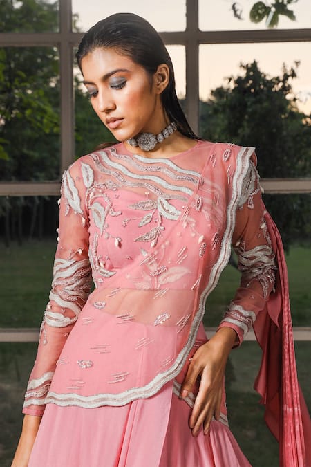 Buy_Isha Gupta Tayal_Pink Net, Chiffon Floral Motifs Round Pre-stitched Lehenga Saree With Blouse _Online_at_Aza_Fashions